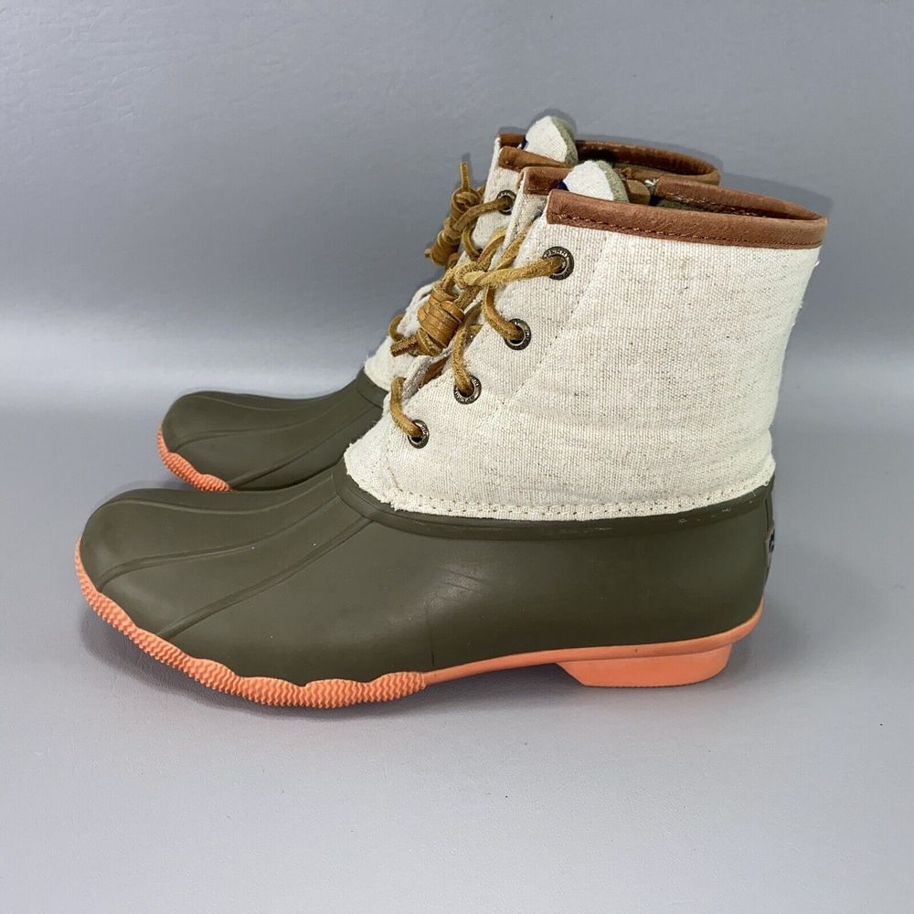 Sperry Top-Sider Boots‎ Womens 8M Green/Cream Waterproof Rubber Duck Zip Preppy